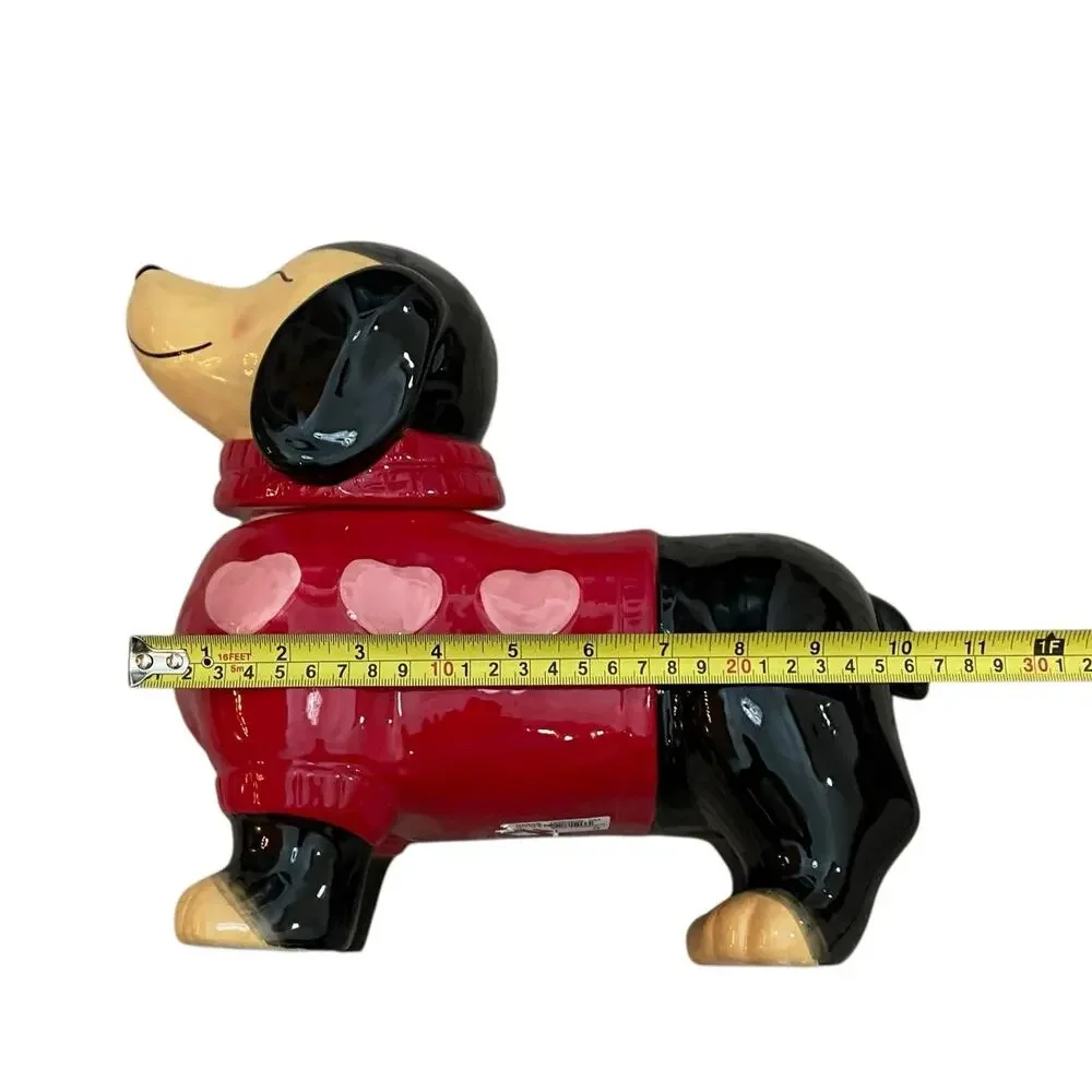 NEW Valentine's Dog Dachshund Cookie Jar Red Sweater Pink Hearts Hand Painted